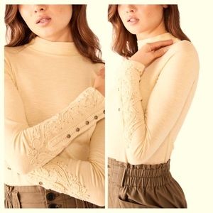 Free People embroidered cuff sleeve top ivory bohemian lace we the free XL M